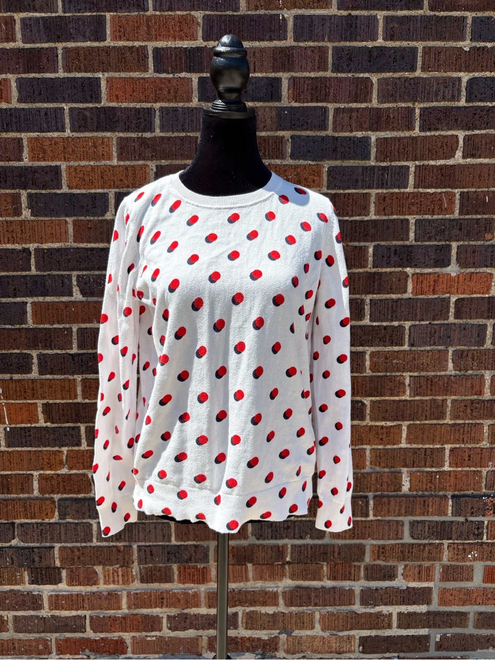 Boden White Sweater with Red and Navy Polka Dots